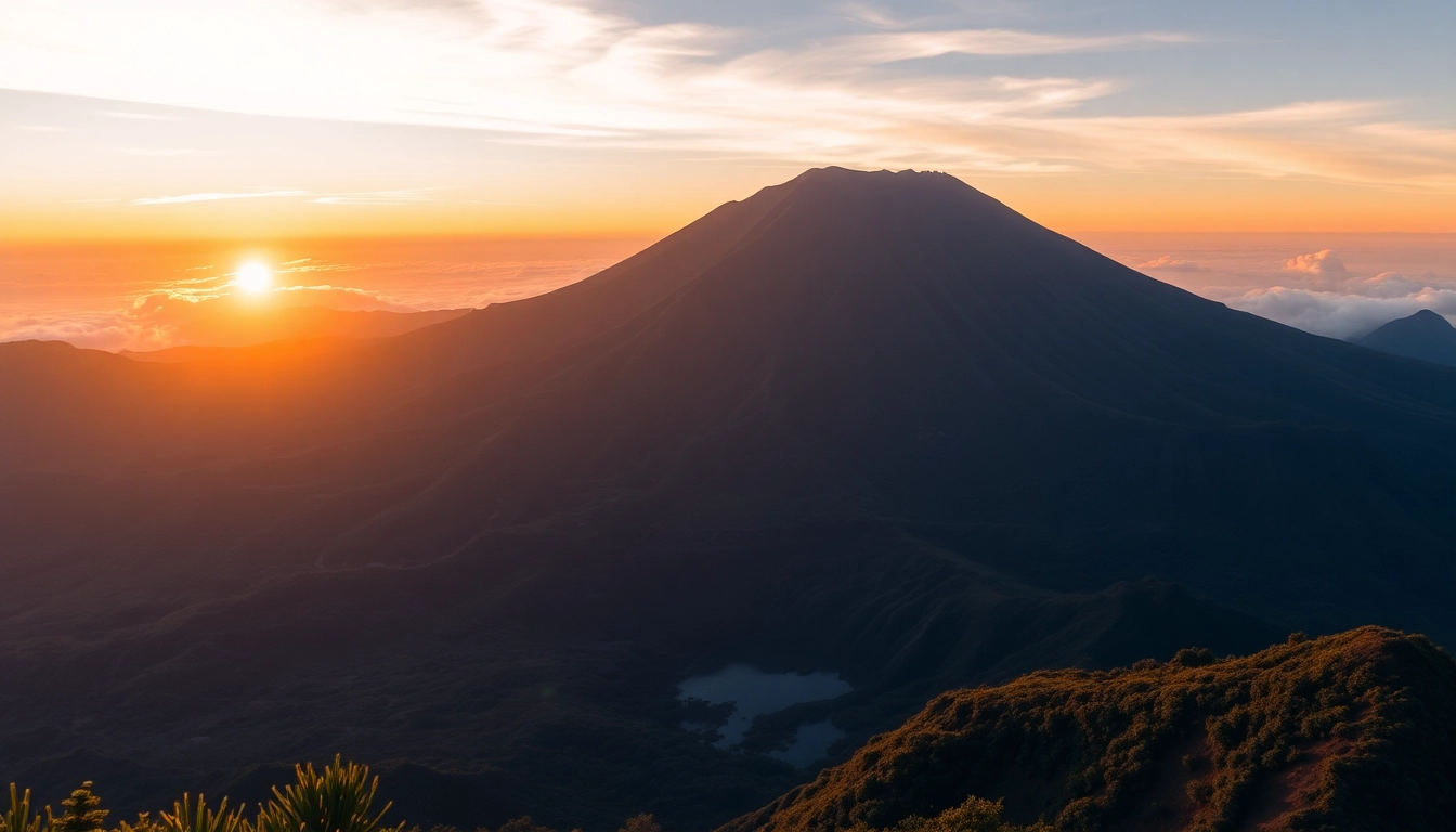 Majestic Mt. Rinjani volcano erupting with a fiery crater, lush surroundings, and sunrise glow, ideal for adventure tourism visuals.