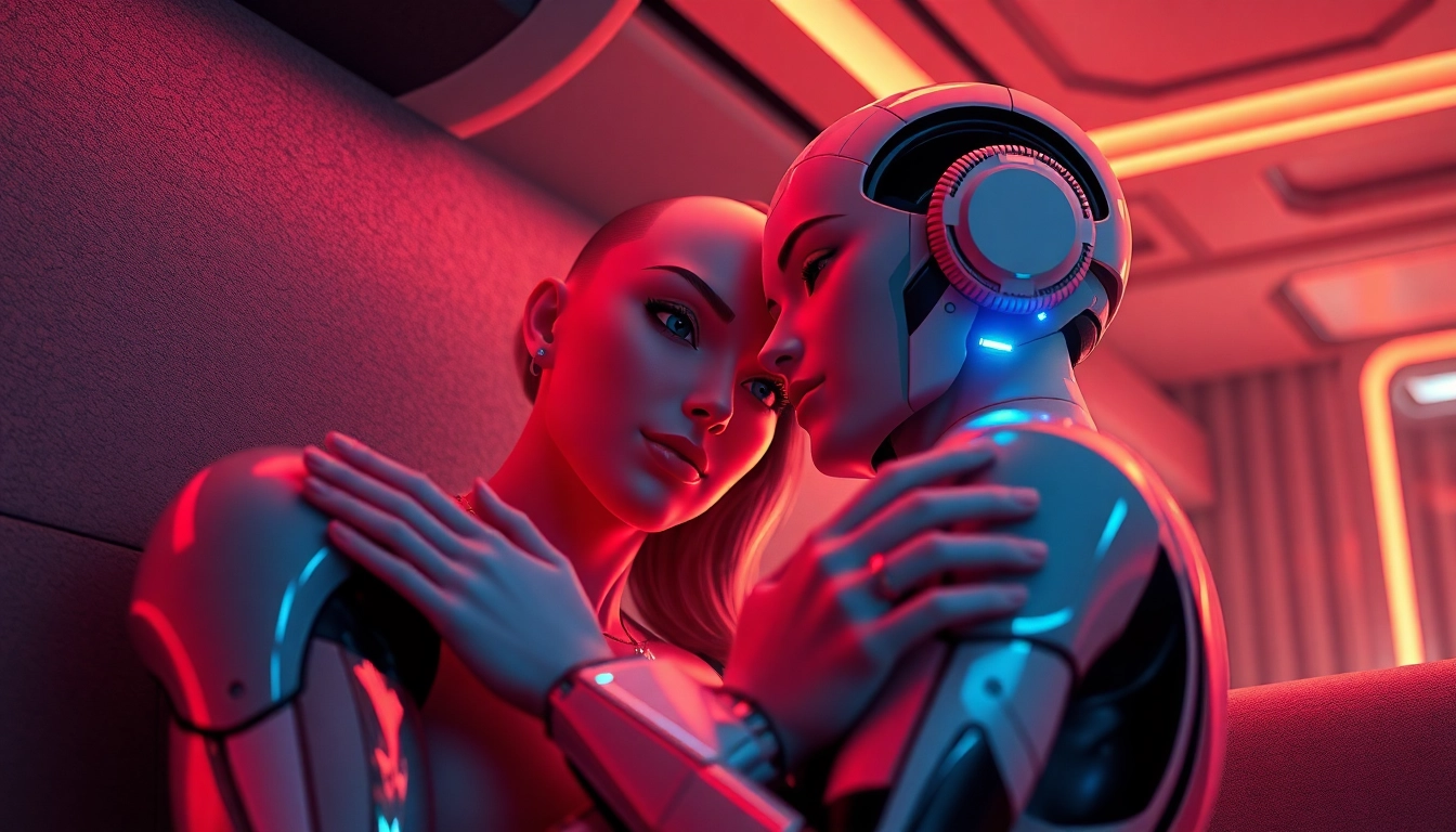Futuristic digital scene of AI characters engaging in intimate interaction with detailed textures and vibrant colors.