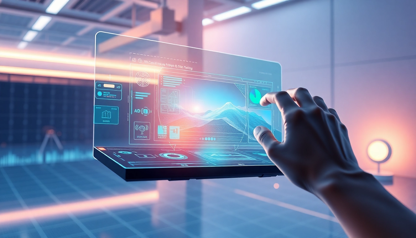 Futuristic AI interface with holographic image editing tools and vibrant digital visuals in a modern workspace.