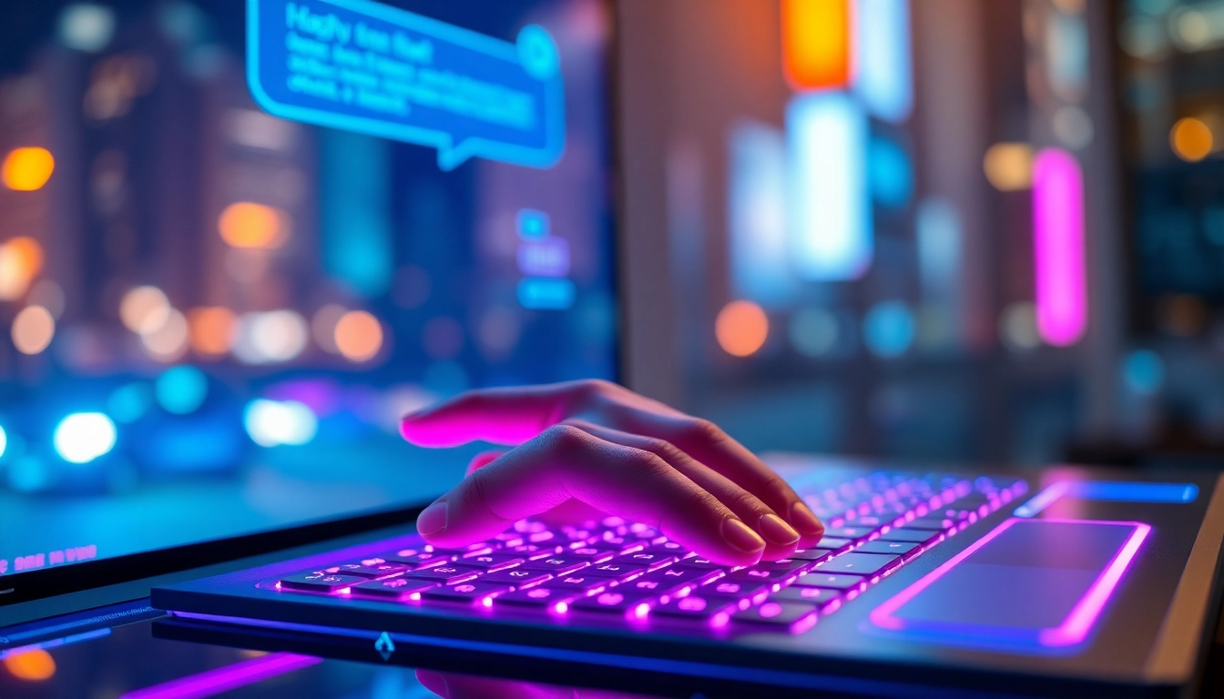 Close-up of a person interacting with a holographic AI chat interface with neon colors in a cyberpunk cityscape setting.