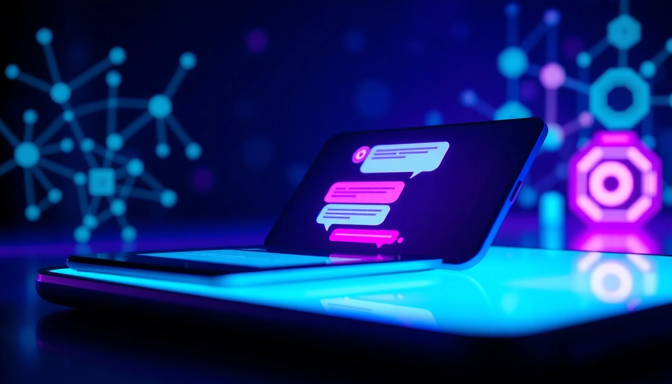 Futuristic chatbot interface on a sleek device with glowing chat bubbles and digital AI elements.
