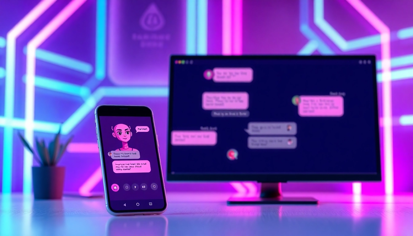 Futuristic chat interface with AI characters on mobile and desktop screens, glowing neon background