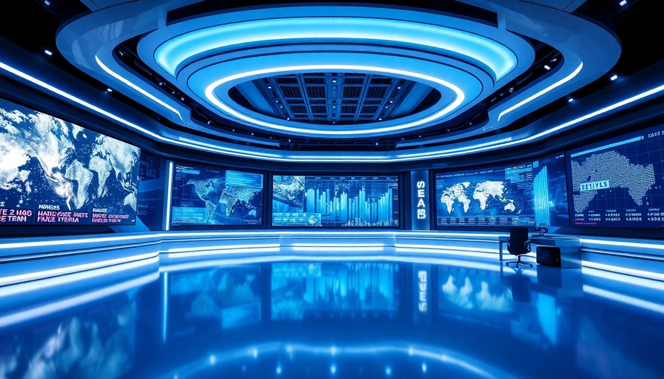 Tech Giants News update on digital screens in a sleek newsroom setting for stay informed on