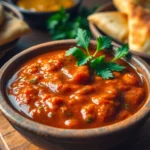 Samosa Chutney served in bowl with herbs and samosas, showcasing vibrant color and rich texture