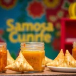 Samosa Chutney served with crispy samosas, highlighting rich colors and textures for appetizing